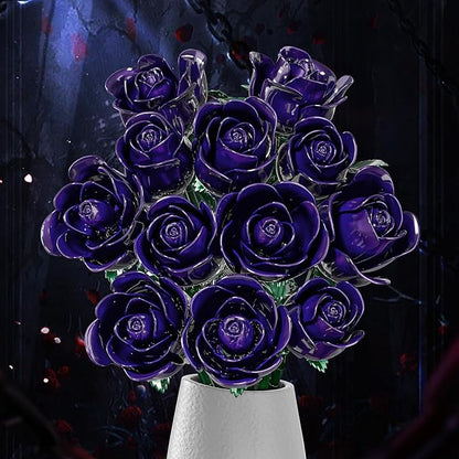Purple Rose Bouquet Building Set for Girls &amp Boys - 12 Pack Botanical Collection Gift for Easter Basket Artificial Flowers Botanical Collection Centerpiece Retro Decor