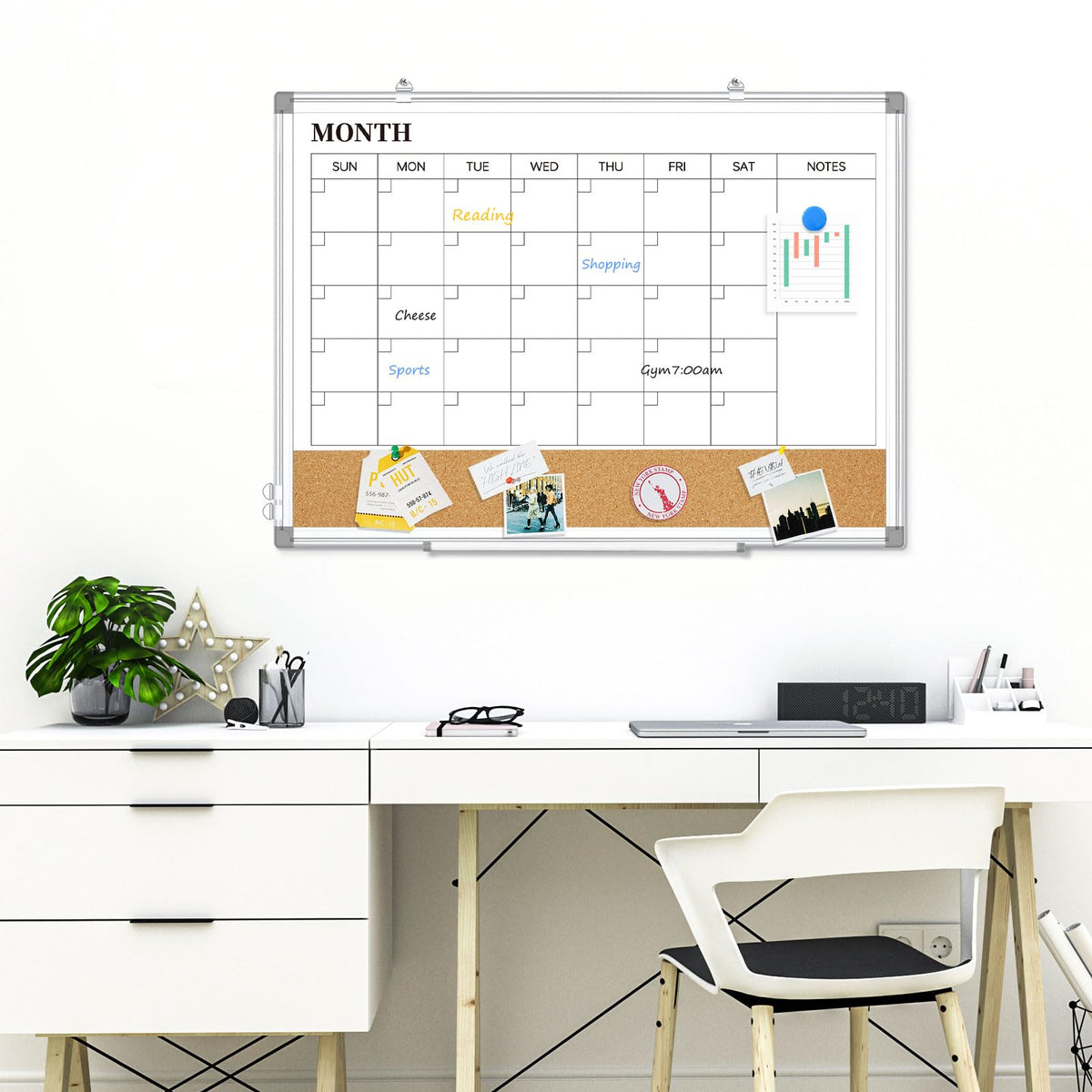 QUEENLINK Dry Erase Calendar Board for Wall, 24"x18" Magnetic Whiteboard Calendar Double-Sided Monthly White Board with Cork Board, Aluminum Frame Memo Message Board for Office, Home, School, Kitchen