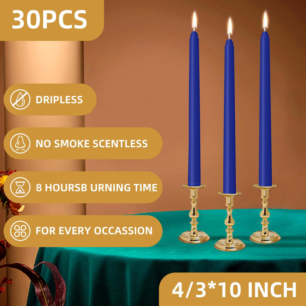 LYOBATH 30 Pack Blue Taper Candles - Taper Candles 10 Inch Dripless, Smokeless & Unscented - 8 Hours Long Burning - Ideal for Weddings, Dinner Parties, and Home Decor
