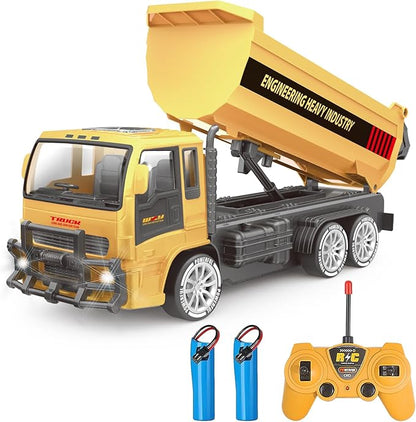 Remote Control Dump Truck for Kids 2.4GHz RC Construction Vehicle with LED Lights 45° Dumping Function 2 Rechargeable Batteries Toy Truck for Boys Girls 3 4 5 6 7 8 Years Old