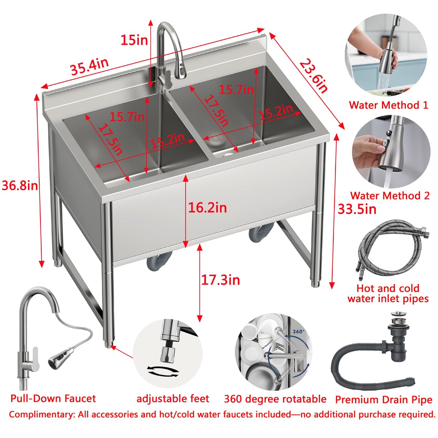 35" Stainless Steel Commercial Sink 2 Bowl Freestanding Kitchen Sink with Pull-out Faucet, Large Utility Sink for Kitchen, Dishwashing, Thawing, Laundry Room, Garage, Outdoor, Total Capacity 36 Gallon