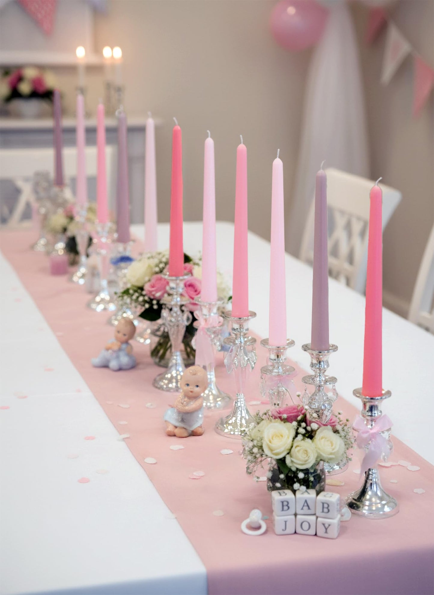 Homeology 12pk 10" Classic Taper Candles, Muted Pink Shades, 7-8 Hours Long Burning, Unscented Tall Candlesticks