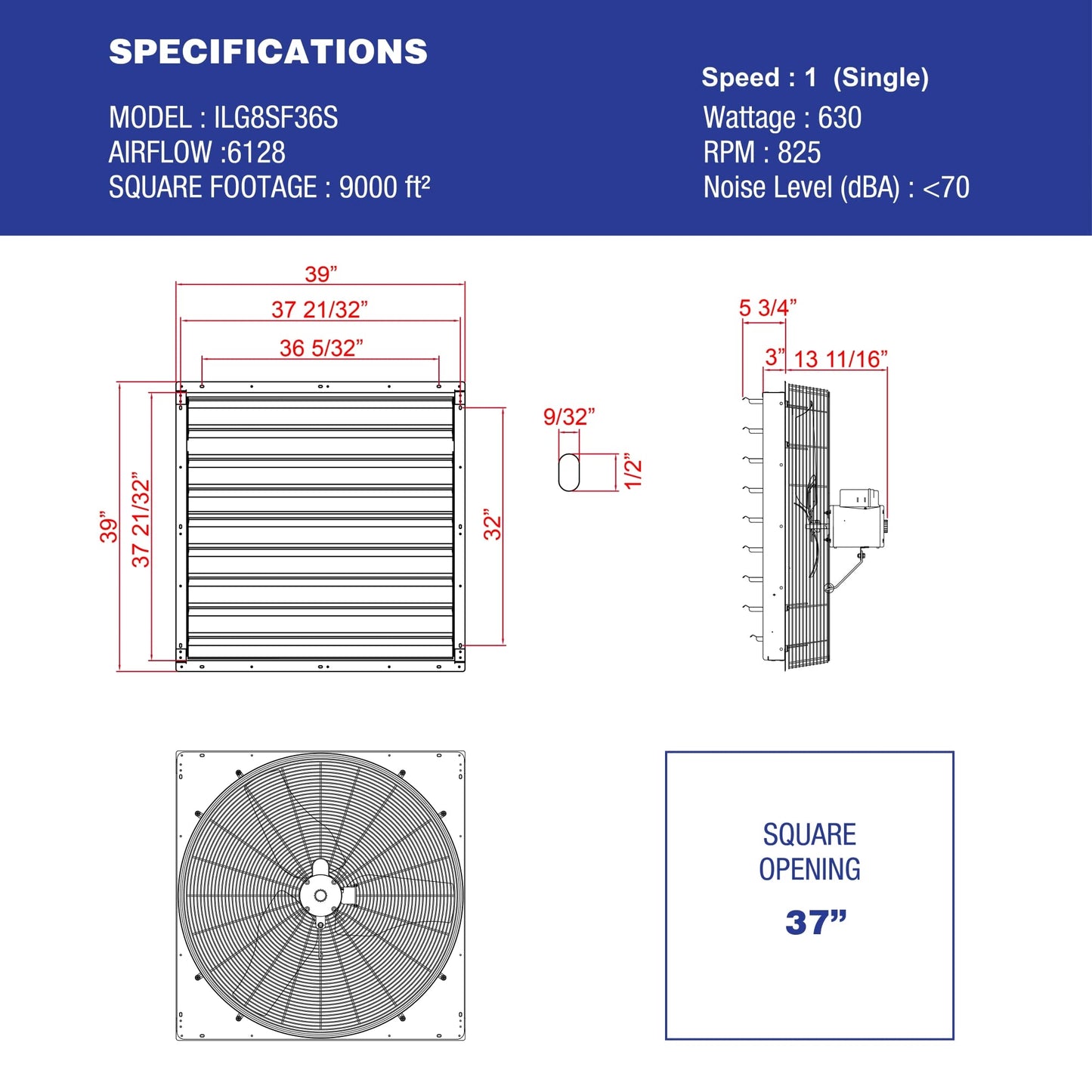 Iliving - 36" Wall Mounted Shutter Exhaust Fan - Automatic Shutter - Single Speed - Vent Fan For Home Attic, Shed, or Garage Ventilation, 6128 CFM, 9000 SQF Coverage Area, Silver (ILG8SF36S)