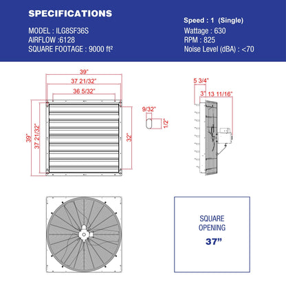 Iliving - 36" Wall Mounted Shutter Exhaust Fan - Automatic Shutter - Single Speed - Vent Fan For Home Attic, Shed, or Garage Ventilation, 6128 CFM, 9000 SQF Coverage Area, Silver (ILG8SF36S)