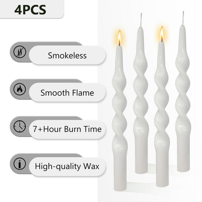 Spiral Taper Candle White Twisted Candlesticks 4 PCS Long Candle Sticks Unscented Tapered Candles for Home Décor Weddings Festive Seasons Holiday