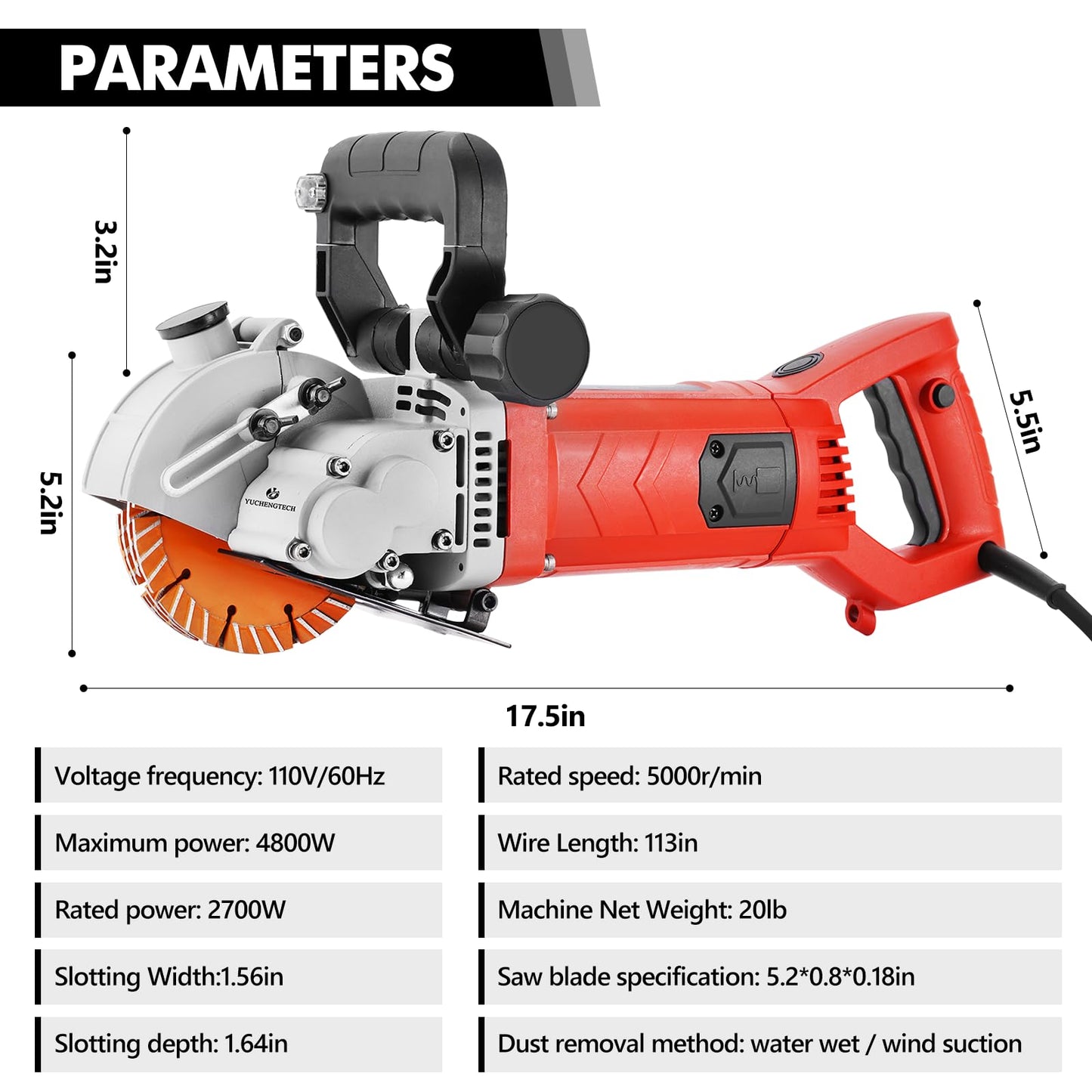 YUCHENGTECH 4800W Wall Chaser Concrete Cutter Wall Grooving Cutting Machine Chaser Electric Wall Chaser Cutting Machine Wall Grooving Cutter With Infrared Sighting Line