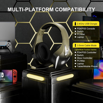 PHOINIKAS Wireless Gaming Headset for PS4 PS5 PC Switch, Wireless Gaming Over Ear Headphones with Detachable Noise Canceling Mic, 7.1 Stereo Sound, Only 3.5mm Wired Mode for XboxSeires -Dazzle Gold