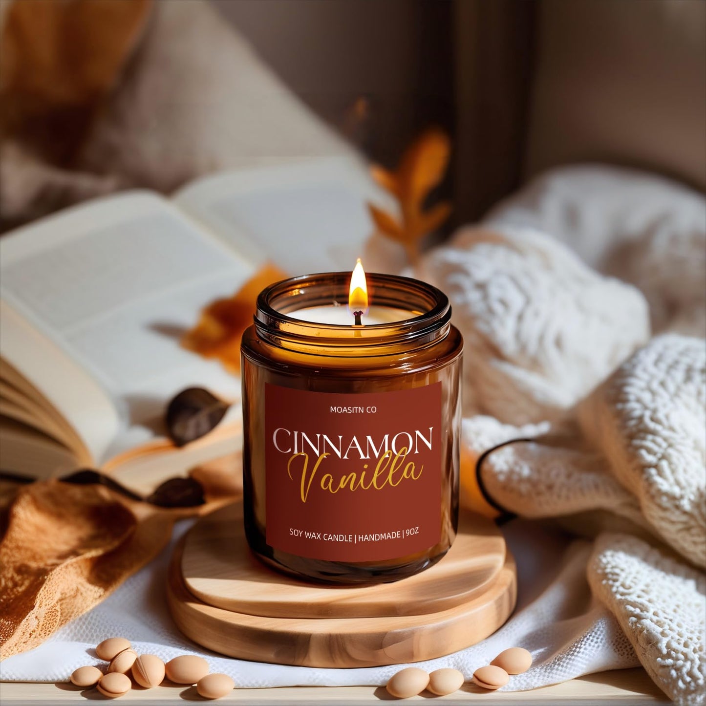 Cinnamon Vanilla Candle for Home Scented| Organic Soy Non Toxic Candles| Long Clean Burning Aromatheraphy Jar Candel for Women Men for Autumn,Winter, Halloween,Thanksgiving,Relaxing| 9oz