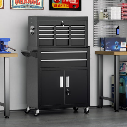 Superday Metal Tool Chest, 8 Drawer Rolling Tool Chest with Wheels, Detachable Tool Storage Cabinet with Lock for Garage, Assembled Steel Tool Cart with Liner & Hooks for Workshop, Warehouse (Black)