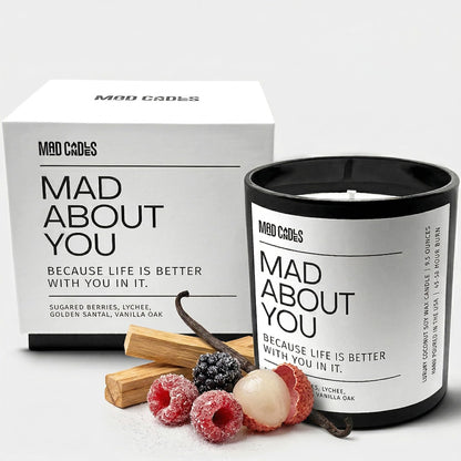 Mad Candles – Mad About You | Luxury Scented Candle for Bedroom & Living Room Décor | 9.5oz Coconut Soy Wax | Non Toxic | Long Burn Candle Jar for Home Fragrance & Valentine's Day Gift