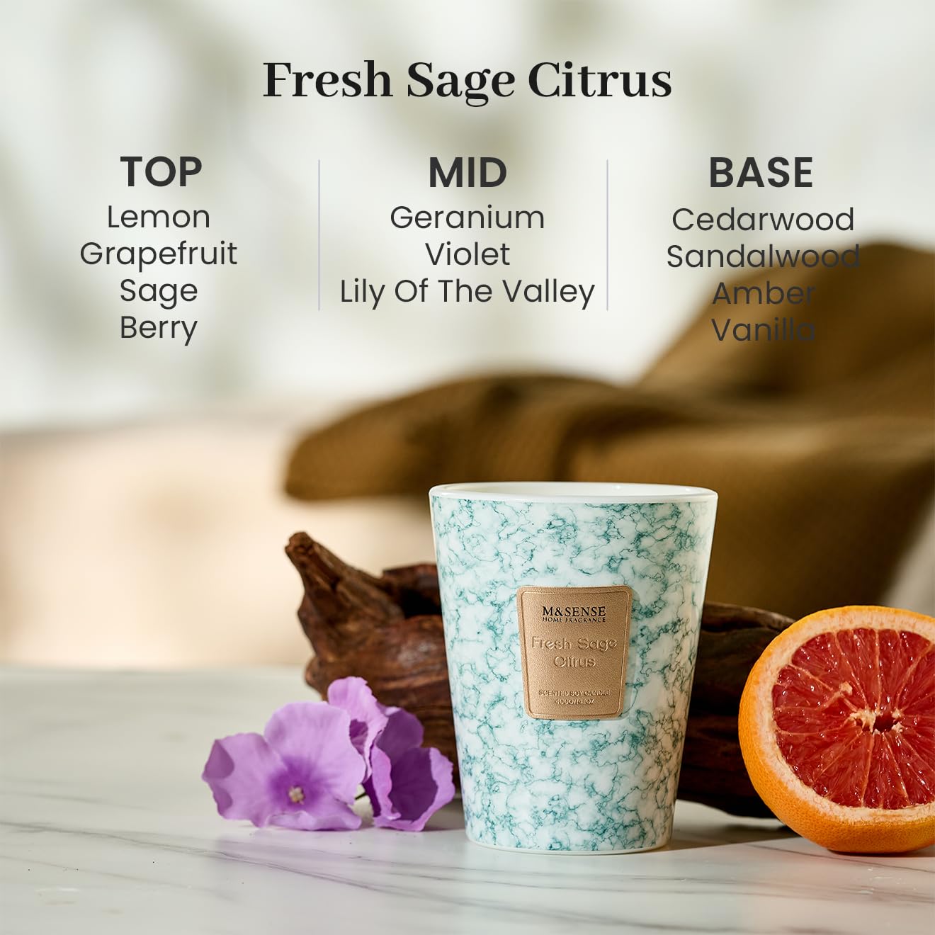 M&SENSE Fresh Sage Citrus Scented Soy Candle, 3 Wick Highly Scented 14.1 Oz 75H, Aromatherapy Christmas Gift for Women and Men
