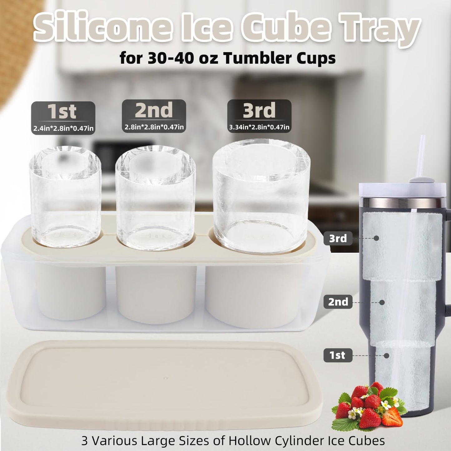 Tcamp Tumbler Ice Mold, Ice Cube Tray for 30 oz -40 oz Tumbler Cup, 3 Pcs Silicone Hollow Cylinder Ice Mold with Lid and Bin for Freezer, Ice Drink, Juice, Whiskey, Cocktail (White)