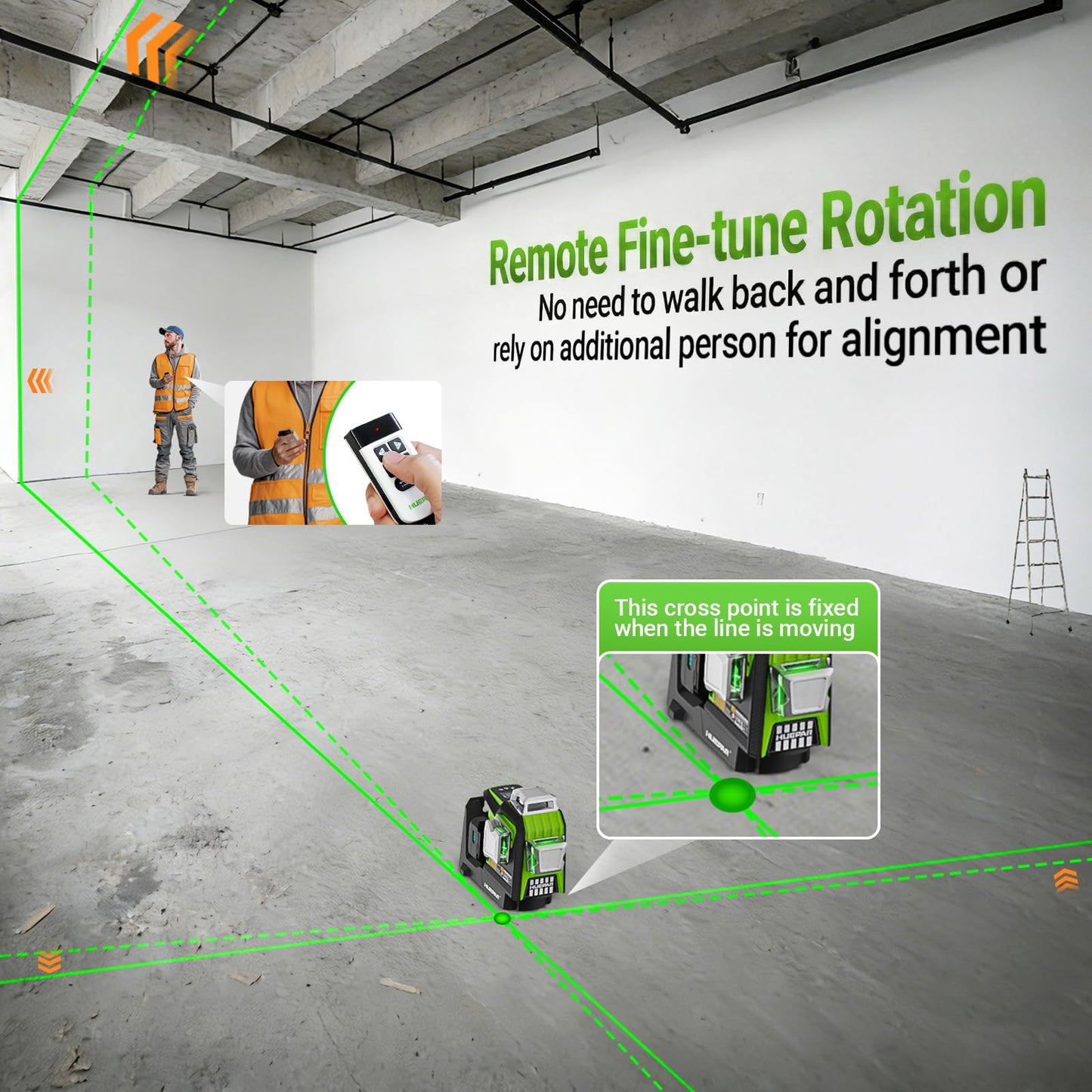 Huepar 2026 Upgraded 360 Laser Level with Electric Fine Adjustment Rotating Base, Fixed-Point Pivot Alignment, Remote Control, Rechargeable, 1/13" High Accuracy Self Leveling Lazer Leveler, Pluse Mode