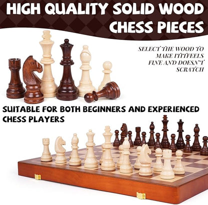 20 Inch Super Large Wooden Chess Set Hand-Carved Wooden Chess Pieces with 4.5” King Built-in Storage &amp 2 Extra Queens Luxury Folding Tournament Chess Board Game for Adults and Kids