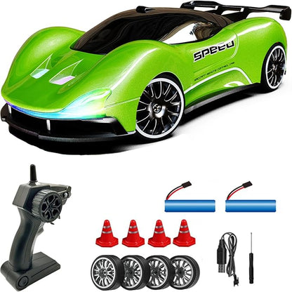 1:20 Scale Remote Control Drift Car 4WD 2.4GHz Racing Sport Toy RC Car with LED Lights Racing and Drift Wheels (Green)