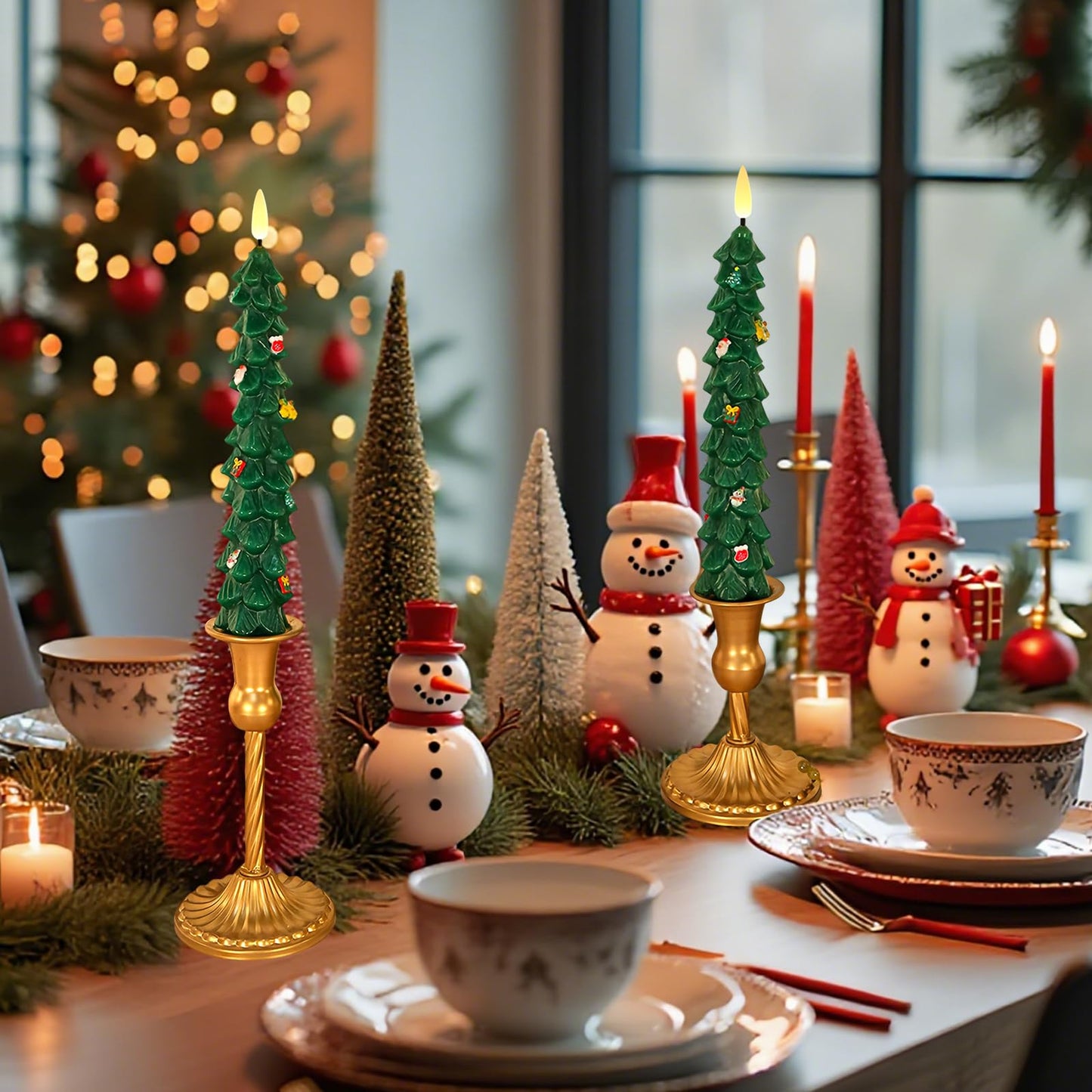 AVEKI Christmas Tree Flameless Taper Candles with Remote, 2 Pcs LED Christmas Tree Candles Real Wax with 3D Flame, 9.7" Battery Operated LED Candlesticks for Home Fireplace Christmas Decor (2 PCS)