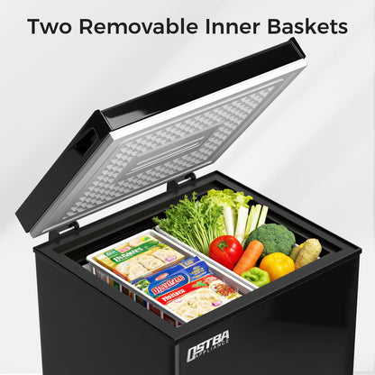 OSTBA 3.5 Cu.Ft Chest Freezer, Compact Deep Freezer with 2 Removable Baskets, Bottom Wheels, 6-Level Temperature Control with Fast Freeze Mode, Energy Saving Quiet Freezer, Black