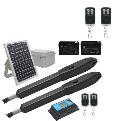 JUJIANG Solar Gate Opener with Batteries & Solar Panel + 2 Extra Remotes for Dual Swing Gates Up to 770lb per Arm Automatic Gate Openers with Remote Complete Kit Medium Duty PKM-C026