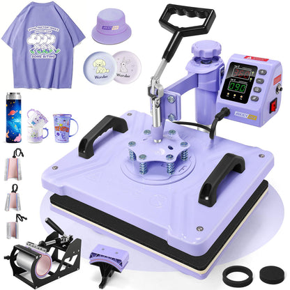AKEYDIY Upgraded 8 in 1 Heat Press Machine for Tshirts 12X15 Inch, 360° Swing Away Shirt Press Machine for Sublimation, Multifunctional Heat Transfer Machine Combo for Shirts (Purple-8 in 1)