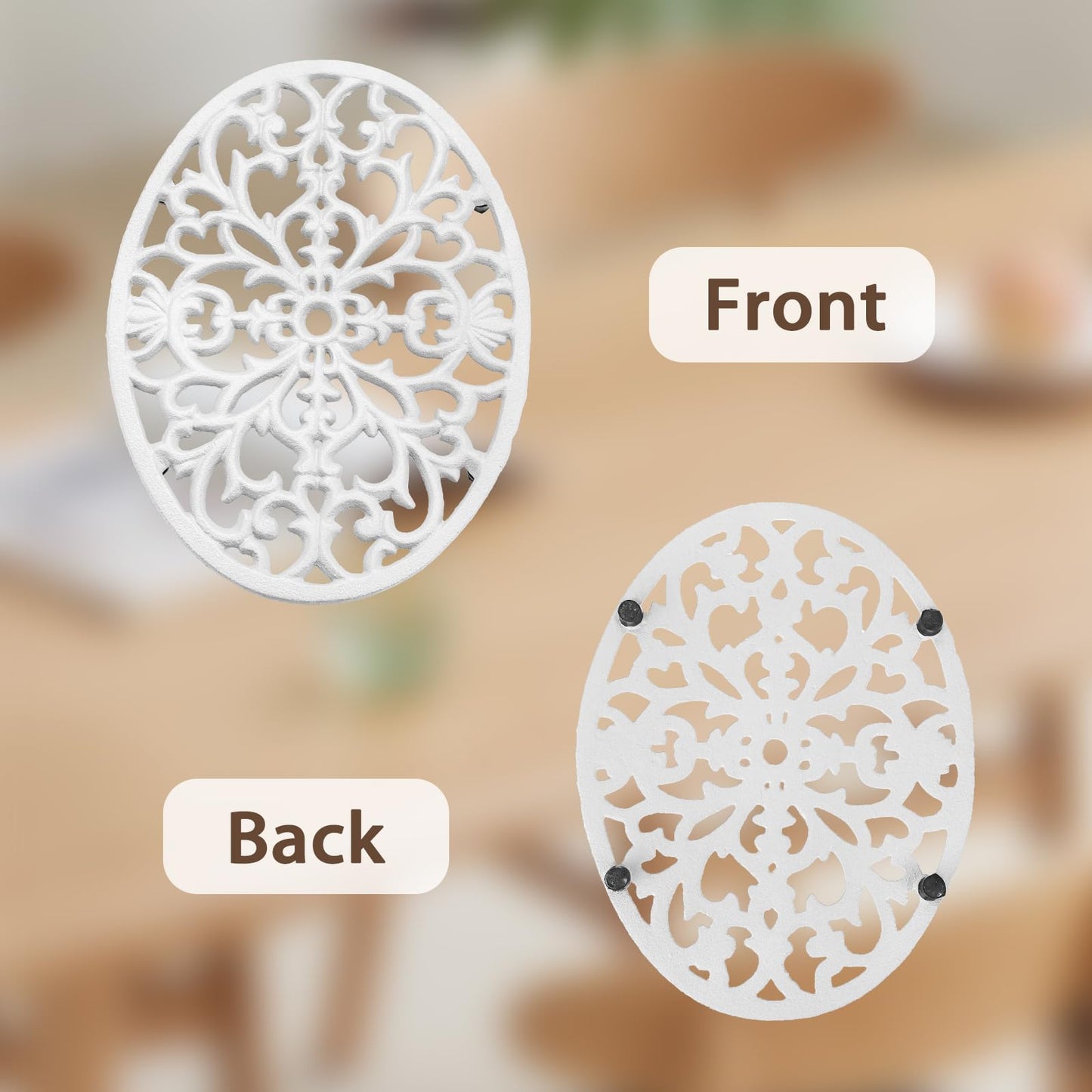 Sumnacon Cast Iron Trivet 2 Pack Heat Resistant Iron Trivets for Hot Dishes Pots Pans Plates Teapots,Rustic Cast Iron Trivet for Cooktop Kitchen Dining Table Metal Trivets with Rubber Feets,White