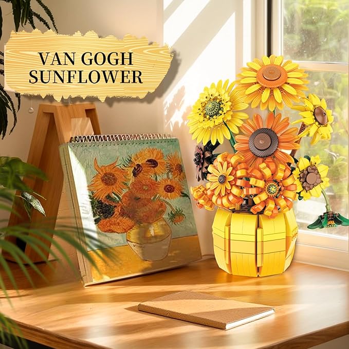 Van Gogh Sunflower Building Set Adjustable Flowers Bouquet for Adults Teens 1009PCS Botanical Collection Compatible with Lego Home Decor Gift for Any Occasion