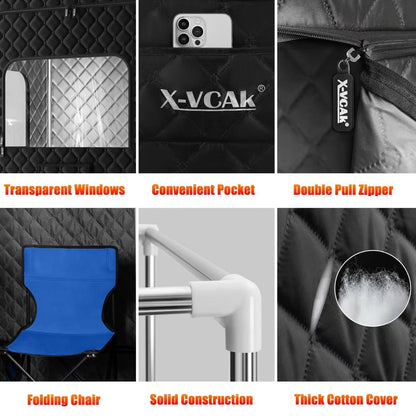 X-Vcak 2 Person Sauna, Extra Large Sauna, Portable Steam Sauna Tent with 2 Steamers, 2 Folding Chair, 71”x 49”x 36”, Black