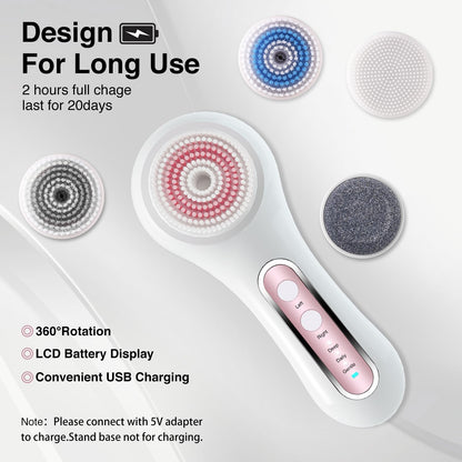 Face Scrubber Exfoliator,Facial Cleansing Brush Rechargeable IPX7 Waterproof with 5 Brush Heads,Electric Face Spin Brush for Exfoliating, Massaging and Deep Cleansing