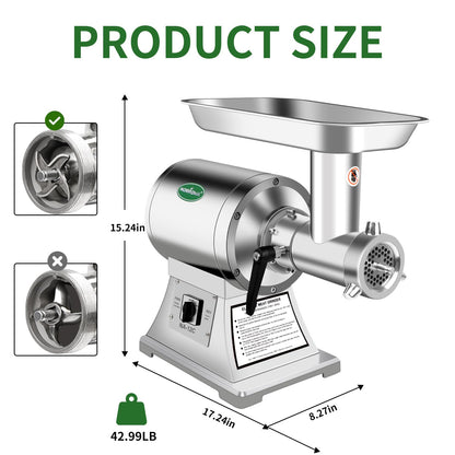 Commercial Meat Grinder Heavy Duty, 1.0HP Electric Meat Grinder #12C Stainless Steel Deer Meat Mincer for Home Use Deer with 2 Grinding Plates 3 Sausage Stuffer Tubes 2 Blades 1 Pusher
