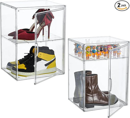 XXX-Large Clear Acrylic Display Case Boot Shoe Storage Boxes With An Adjustable Divider2 Pack 2 Tiers Clear Plastic Stackable Storage Bins With Lids Big Display Acrylic Box With Magnetic Door