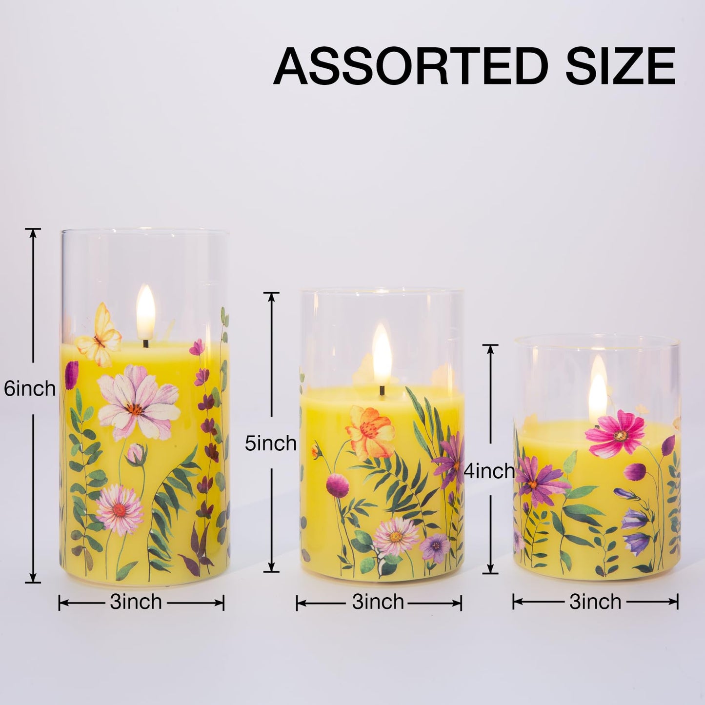 Eywamage Yellow Floral Glass Flameless Candles with Remote, Flickering Spring LED Pillar Candles Battery Operated Home Decor Set of 3