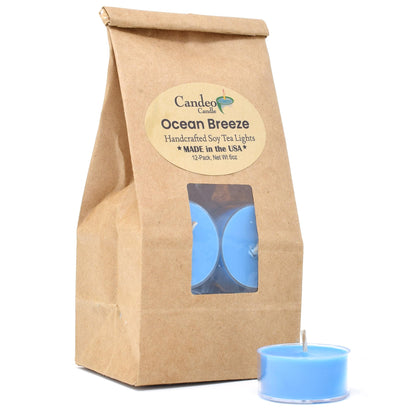 Ocean Breeze Scented - Soy Tealight Candles, 12 Pack - Blue Tealight Candles - Highly Scented - Made with Soy Wax - Handmade in The USA - Candeo Candle - Summer Scents