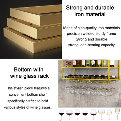 AKOGG Modern Wine Rack Wall Mounted with Glass Holder,Metal Liquor Shelf, Floating Bar Shelves,Liquor Bottle Display Shelf,Hanging Large Capacity Wine Storage Racks for Home Kitchen Dining Room