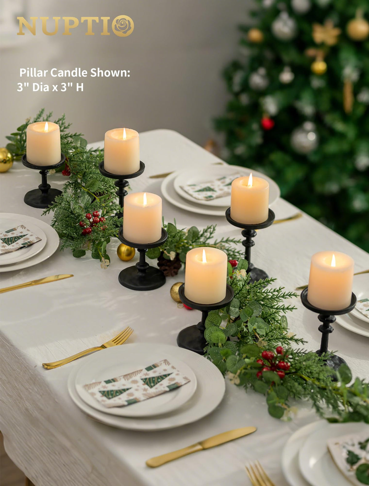 NUPTIO Pillar Candle Holder Black: Solid Cast Iron Candle Stand for 3 Inch Pillars - Handcrafted Hammered Candleholder for Thanksgiving Christmas Fireplace Mantle Decor