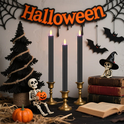 SHENSY Black Flameless Taper Candles, Set of 3 – 9.64" LED Candlesticks with 3D Flickering Flame, Real Wax Battery Candles with Remote and Timer – Elegant Halloween Window and Table Decor