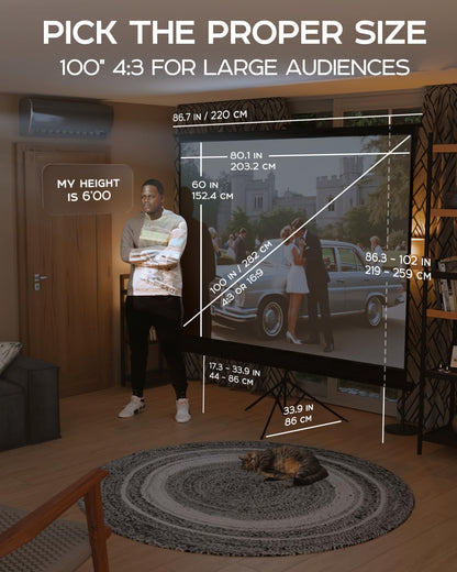 PropVue Projector Screen with Stand 100 inch - Indoor and Outdoor Projection Screen for Movie or Office Presentation - Adjustable from 16:9 to 4:3 HD Premium Wrinkle-Free Tripod Screen