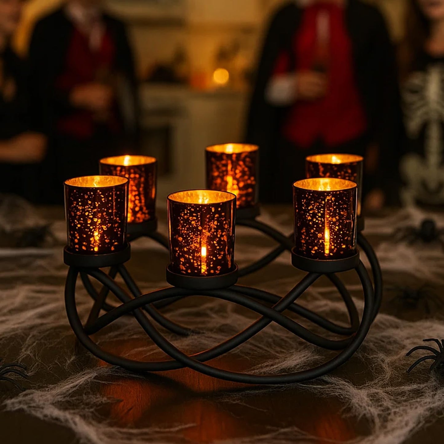 Seraphic Centerpieces for Halloween Table Decorations - Round Candle Holders for Outdoor Patio, Dining, Kitchen, Coffee & Wedding Table Decor, Black Iron Candelabra, 6 Black Glass Votive Tealight Cups
