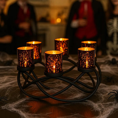 Seraphic Centerpieces for Halloween Table Decorations - Round Candle Holders for Outdoor Patio, Dining, Kitchen, Coffee & Wedding Table Decor, Black Iron Candelabra, 6 Black Glass Votive Tealight Cups