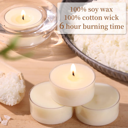 DEVI 6 Hour Soy Tea Lights Candles Bulk 100 Pack, Soy White Tea Lights Bulk-6 Hours Long Burning, Unscented Small Votives Bulk for Wedding, Party Centerpieces