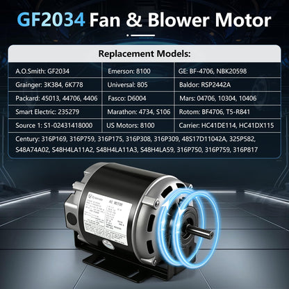 GF2034 Blower Motor, 1/3 HP 115V 60Hz 1725RPM 48 Frame, Belt Drive Compatible with Packard 45013, AO Smith/Century 316P169, Emerson 8100, GE BF-4706, Universal 805, Baldor RSP2442, Carrier HC41DE114