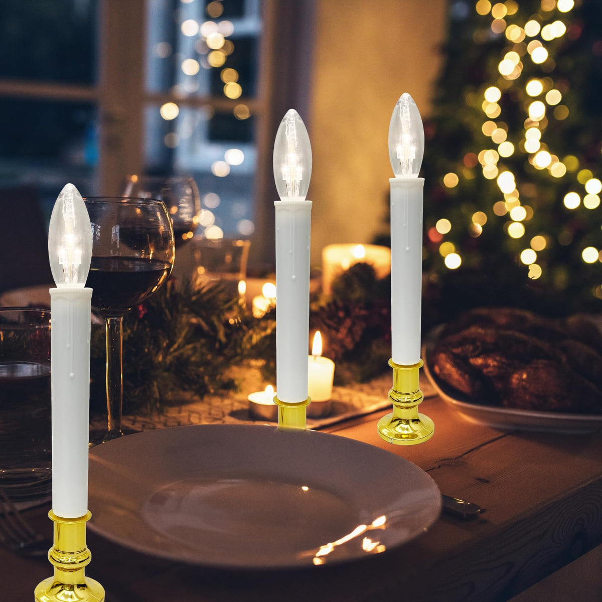 4 Pack Christmas Battery Operated LED Window Candles with Timer, Christmas Window Candles Lights with 3V Ultra-Bright LED Bulbs for Halloween Decorations Indoor Windows Mantels Table , 4 Suction Cups
