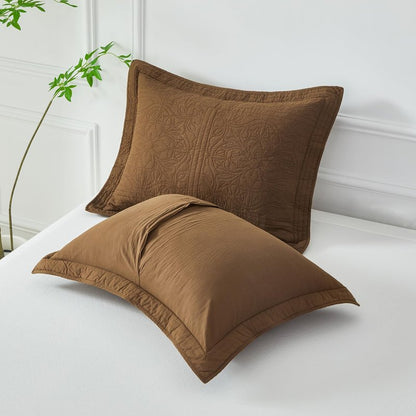 WINLIFE 100% Cotton Quilted Pillow Sham Floral Printed Pillow Cover Set of 2 (Standard Size, Coffee)