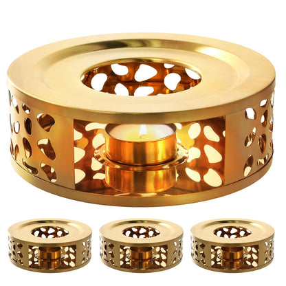 HOIGON 3 PCS Teapot Warmer, Stainless Steel Brushed Tea Pot Warmer Base with Tealight Candle Holder, Teapot Warming Tray, Gold