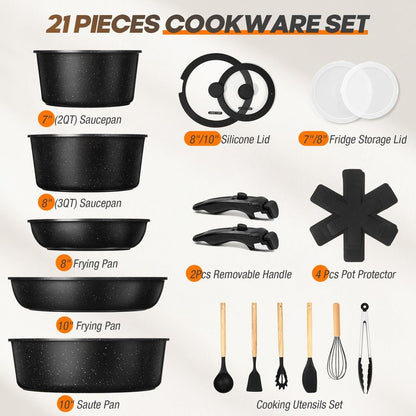 UMETRE pots and Pans Set, Nonstick Cookware Set Detachable Handle, Induction Kitchen Cookware Sets with Removable Handle, Non Stick RV Cookware Set, Dishwasher ＆ Oven Safe (21 PCS)