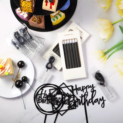Yerliker 34 Pcs Happy Birthday Cake Toppers Decorations Birthday Candles DIY Cake Decor for Men Women Wedding Anniversary(Black)