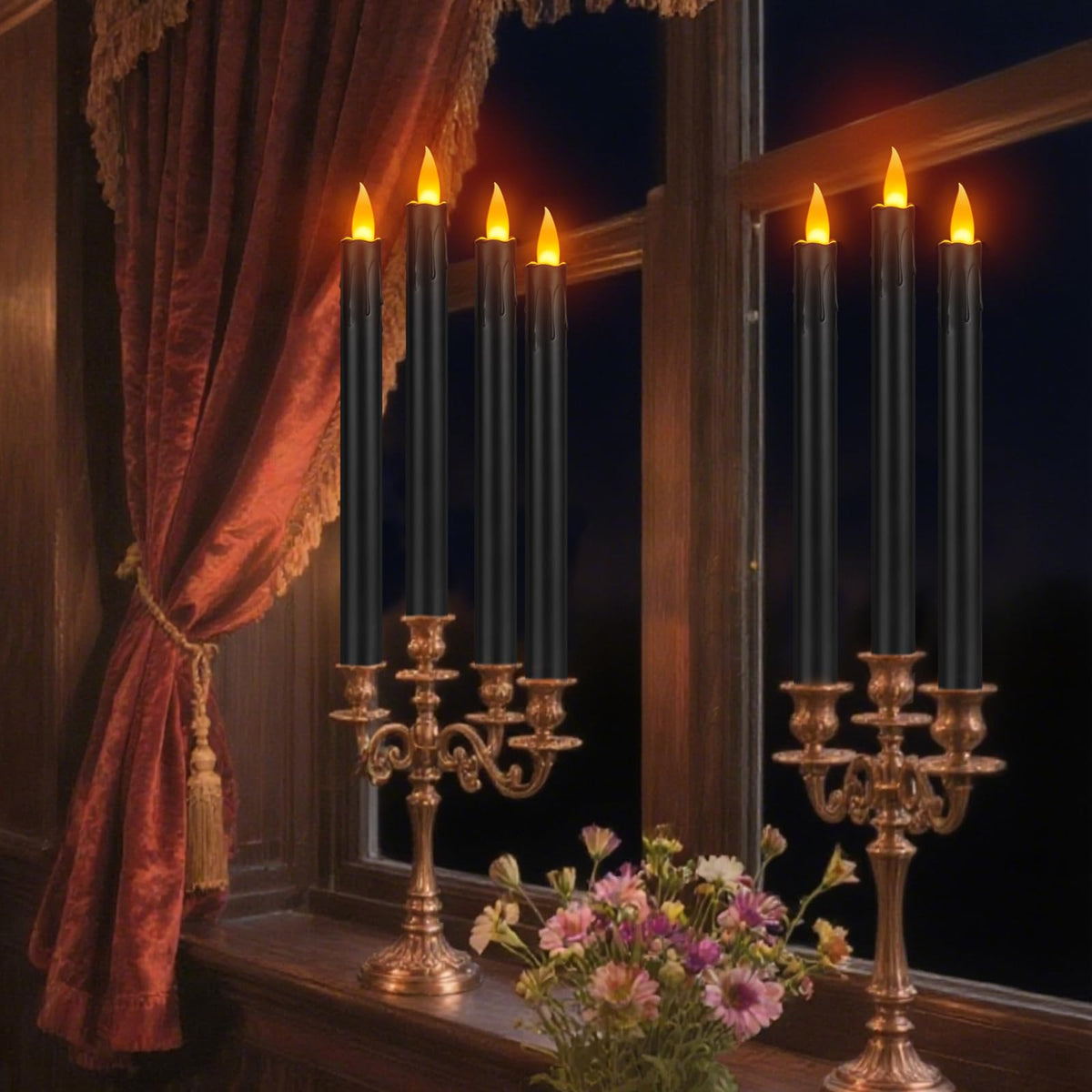 wemarry 24 Pcs Black Flameless Taper Candles with Remote, 10" Black Battery Operated Led Candlesticks with Flickering 3D Flame, Fake Taper Candles for Halloween Anniversaries Dinner Home Décor