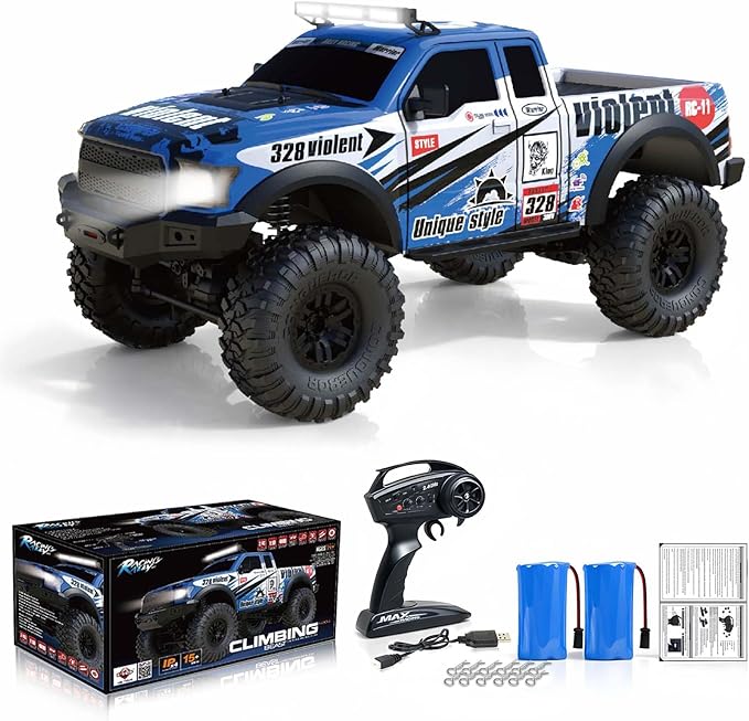 RC Cars RC Crawler 1/10 Scale RTR Remote Control Car 4WD 2.4GHz Brushed Offroad Racing Hobby Grade Model Vehicle with LED Lights 2Pcs Battery Toy for Kids and Adults