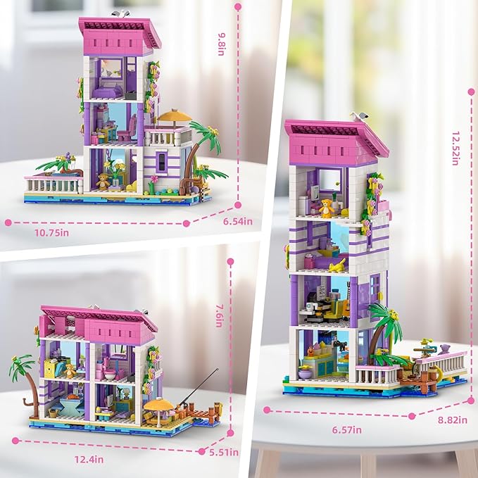 3 in 1 Pink Girls Beach House Building Set with Light Seaside Villa Friends Building Toys Compatible with Lego Friends Construction Educational Toy for Adults &amp 14+ (961 PCS)