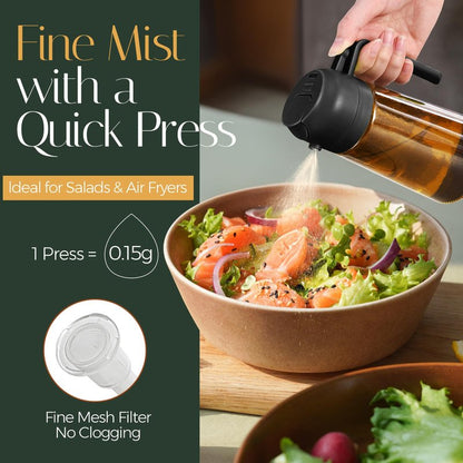 YARRAMATE 16oz/470ml Light Blocking Oil Sprayer for Cooking with Stickers, Food-Grade 2 in 1 Olive Oil Dispenser Bottle for Kitchen, Premium Dark Amber Glass Oil Bottle for Air Fryer, BBQ (Black)