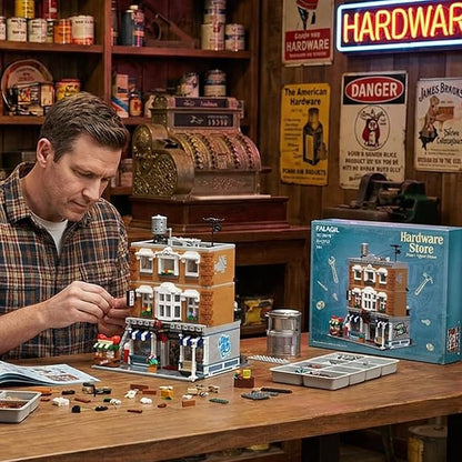 Vintage American Hardware Store Building Blocks 3-Story Modular Street View with Hot Dog Cart &amp 7 Figures 3642 Pieces Adult Building Kit Collectible City Architecture Model