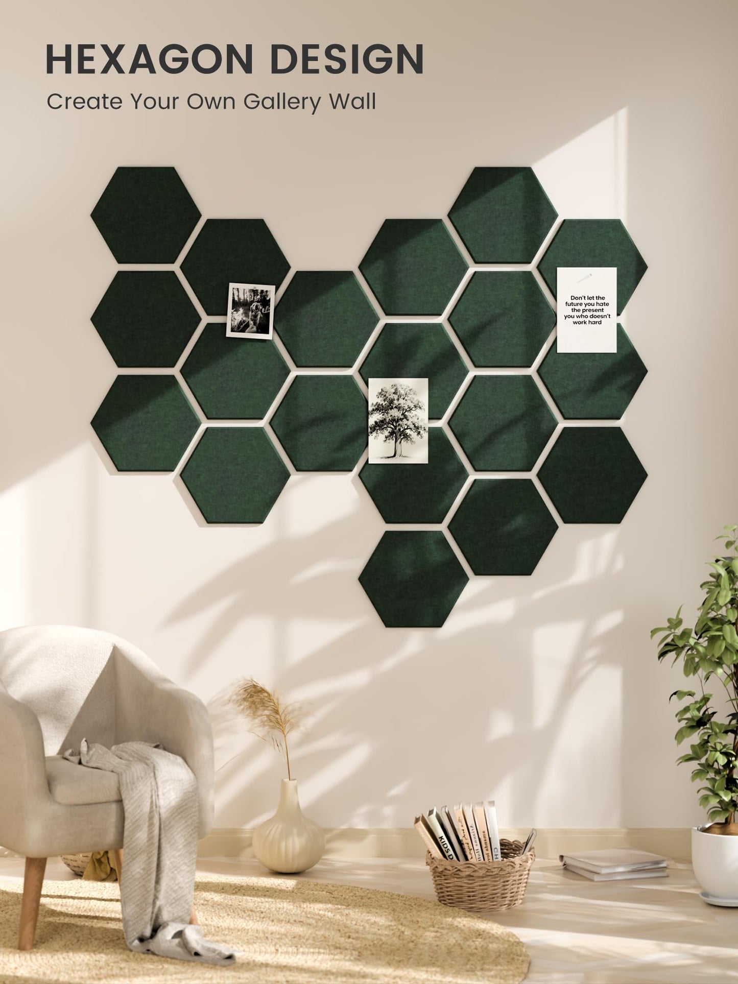 Fluxynara Hexagon Cork Board Alternative for Walls Decor-12-Pack Felt Bulletin Board Tiles,with 30 Pushpins,70 Adhesive Tabs for Office,Classrooms & Home Pin Board Felt Board-Pine Green